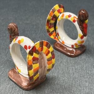 Vintage Thanksgiving Turkey Napkin Rings Set 2 Ceramic Hand Painted READ Crazing
